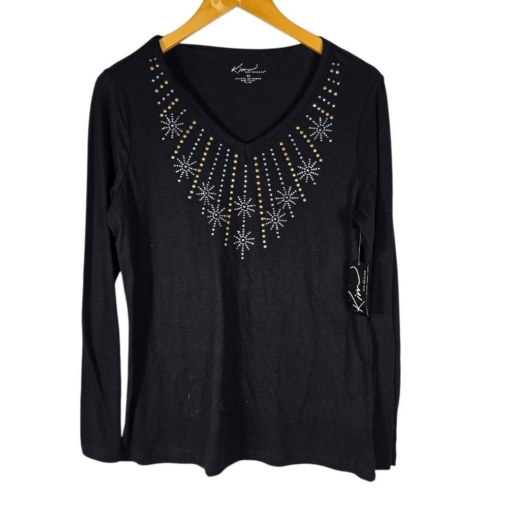Kim Rogers Black Embellished V-Neck Blouse Size 2x